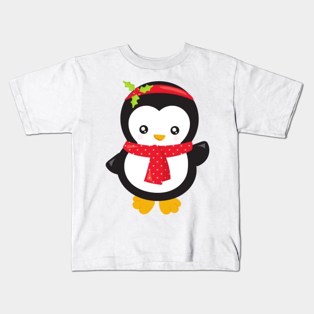 Christmas Penguin, Penguin With Scarf, Mistletoe Kids T-Shirt by Jelena Dunčević
